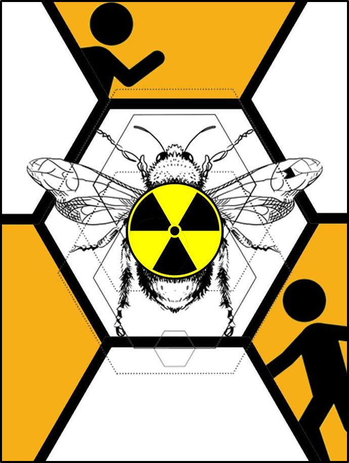 Drawing of a bee with a radiation logo.