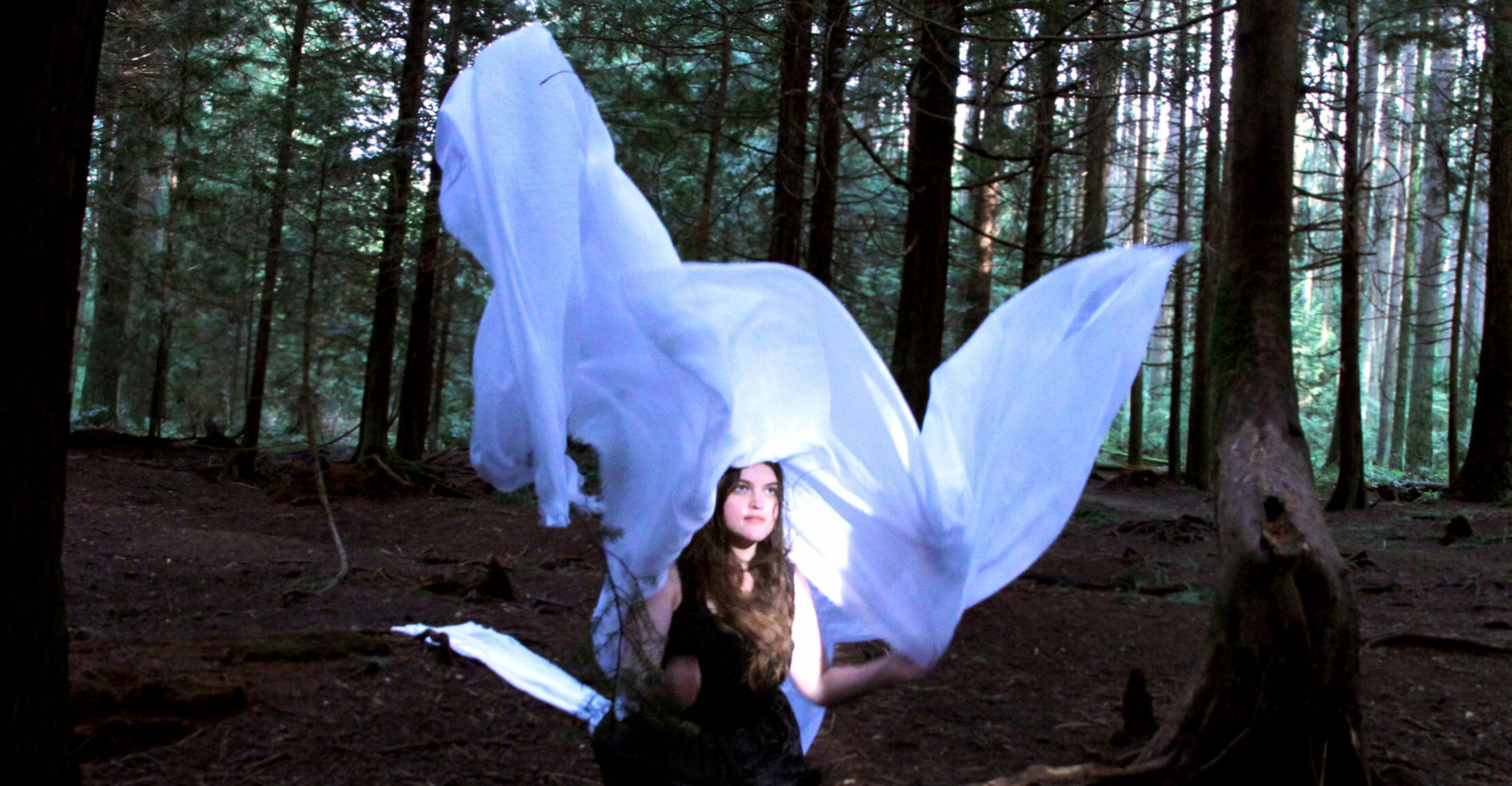 A woman sits in the forest draped in a large piece of fabric as it is caught by the wind